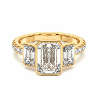 Three Stone Bezel Set Emerald Cut Engagement Ring