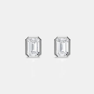 Everywhere Bezel Set Lab Grown Diamond Studs in 14k Yellow and White Gold Emerald Cut