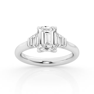 Emerald Cut Three Stone Engagement ring with Trapezoid Side Stones
