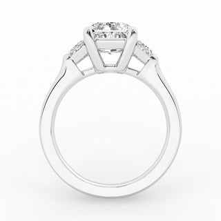Radiant Cut Three Stone Engagement Ring with Trapezoid Side Stones